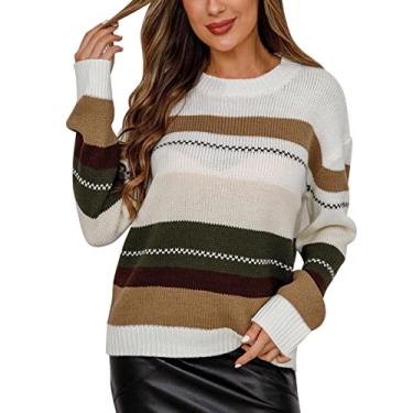 Imagem de Aniywn Suéter feminino 2024 primavera outono manga longa gola redonda listrado color block casual solto suéter pulôver pulôver tops, Cáqui A3, G