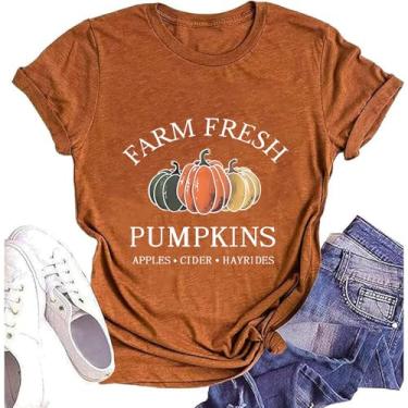 Imagem de Camiseta feminina Farm Fresh Pumpkins para outono de Ação de Graças e Abóbora, Laranja, M