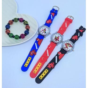 Imagem de Kit Relógio Infantil Analógico Super Heróis Desenho 3D Silicone Menino