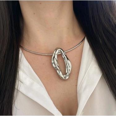 Imagem de Kit Colar e Brincos Choker Aro Liso Rigido com Pingente Oval Orgâncio 