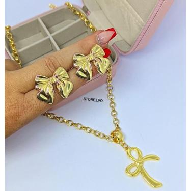 Imagem de Kit Conjunto Colar e Brincos Feminino Corrente Elos Português Laço Del