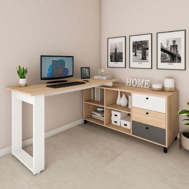 Imagem de Escrivaninha em L Com 3 Gavetas e 4 Nichos Next Artany Cor Carvalho/Gr