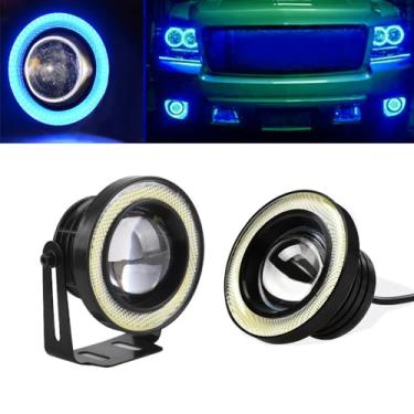 Imagem de OtpOutopa 2 lâmpadas LED Angel Eagle Eye, luzes de neblina, 6,3 cm/7,6 cm/8,9 cm, luzes diurnas DIY COB 30W 7000K 1200LM DRL lâmpadas para carro, motocicleta, caminhão, barco (6,3 cm, círculo azul