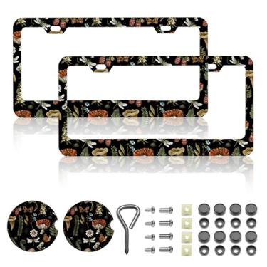 Imagem de DGDRHZ Molduras de placa de carro de cogumelo, floresta, samambaia, mariposa, libélula para mulheres e homens, suporte de placa de carro fofo, acessórios de carro de cogumelo para mulheres, serve em