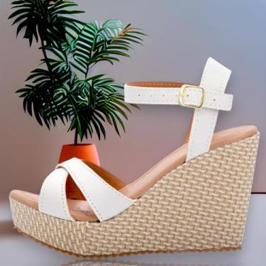 Imagem de Sandália Anabela Branca Plataforma Feminina Tamanco 10cm Cabedal Tranç