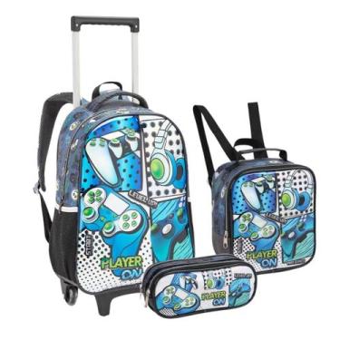 Imagem de Mochila Infantil Rodinha Player On com Lancheira e Estojo Azul - Seani