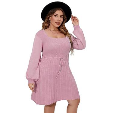 Imagem de Vestido feminino plus size casual gola quadrada manga lanterna longa gravata cintura pulôver pulôver solto, Rosa 1, GG