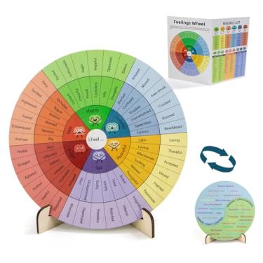 Imagem de Feelings Wheel Therapy Decoração de mesa de escritório - Tabela de emoções dupla face grande de 25,4 cm com roda de sentimentos de 2 páginas e guia de lista de emoções para conselheiros escolares,