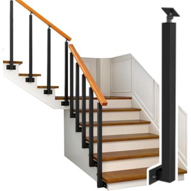 Imagem de Balaústres de escada de metal interno, eixos de escada laterais Poste de corrimão de ângulo ajustável/coluna preta para degraus de varanda de convés, madeira/barra de apoio/semicírculo de ap