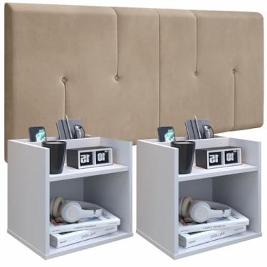 Imagem de Conjunto Cabeceira 1.40 Dubai + 2 Mesa Cabeceira com Nicho Suspensa MADRI (Bege/Branco)