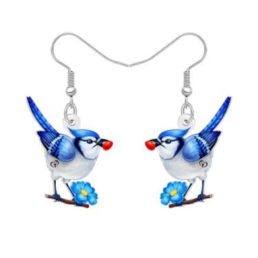 Imagem de DALANE Brincos pendentes femininos divertidos de acrílico com estampa de pega-azul e floral, joia hipoalergênica inspirada na natureza para amantes de pássaros, pingentes de festa de aniversário,