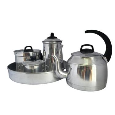 Imagem de Conjunto Kit Café Chá 5 Peças Alumínio Com Bule Chaleira Açucareiro Leiteira e Forma (Polido)