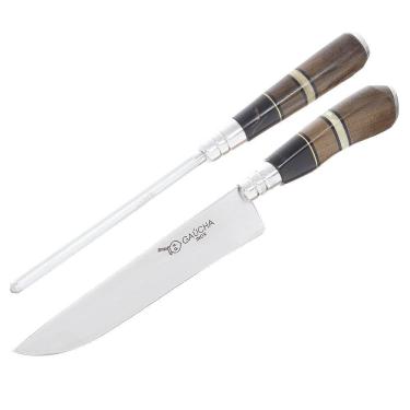 Imagem de Conjunto Faca em Inox e Chaira com Cabo de Madeira e Chifre e Bainha Facas Gaúcha 30139