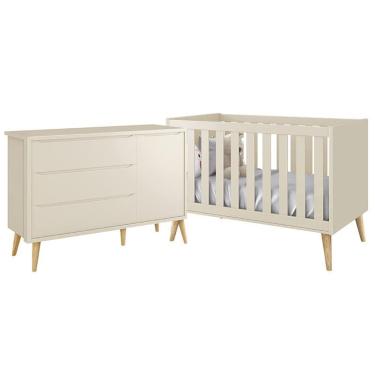 Imagem de Jogo de Quarto Infantil Theo Cômoda e Berço com Pés Madeira Natural - Reller Móveis Areia Fosco