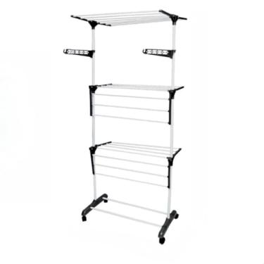 Imagem de Varal De Chão 3 Andares Dobrável Retrátil Aço 4 Rodas Azul，Adequado para varanda doméstica, interior, pode secar roupas, lençóis e outros tecidos(PRETO)