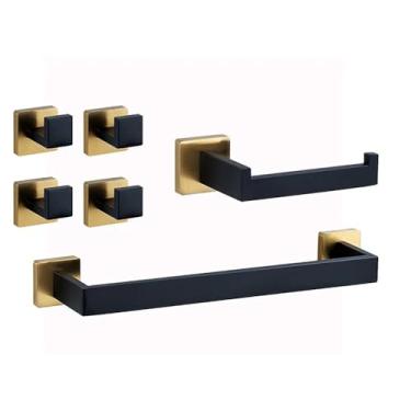 Imagem de Banheiro Preto Ouro Suporte de Papel Higiênico Suporte de Toalha Gancho de Roupão Anel de Toalha Conjunto de Ferragens de Banheiro de Aço Inoxidável kit, conjunto de 6 peças