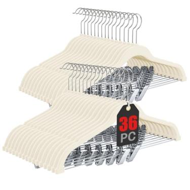 Imagem de Korpai Pacote com 36 cabides de veludo bege com clipes ajustáveis, cabides para adultos, resistente, feltro, antiderrapante, economiza espaço, para calças, saias, ternos, casacos, vestidos, etc.