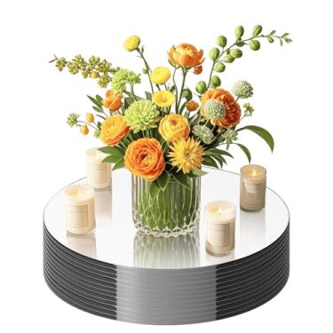 Imagem de Pacote com 10 peças centrais redondas espelhadas para decorações de mesas, centro de mesa de acrílico de 20 cm, bandeja de espelho, placa de vela, peça central para decoração de mesa de casamento