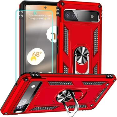 Imagem de Yiakeng Capa para Google Pixel 6A: com protetor de tela - Capas protetoras de nível militar com suporte de anel de dedo para capa Pixel 6A (vermelha)