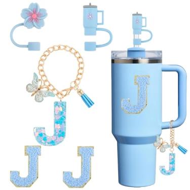 Imagem de Acessórios de copo para Stanley Cup 850.5 g 1,134.0 g, decoração de iniciais de copo para Stanley, incluindo tampa de palha de silicone, pingente de alça, adesivo, azul 5 peças (J)