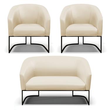 Imagem de Sofá Namoradeira E 2 Poltronas Base Industrial Preto Stella Corino D03 - D'rossi Cor Bege