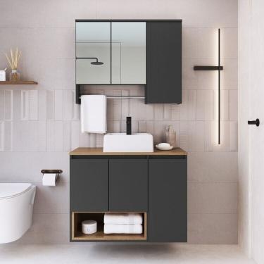 Imagem de Conjunto Para Gabinete Suspenso 80cm Com Cuba E Espelheira 3 Portas Com Toalheiro Olívia Mel Grafite