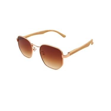 Imagem de Óculos de Sol Hexagonal Armação em Metal e Madeira Hexagonal Clássico Retrô Aviador uv400 Feminino Masculino Unisex - Cacife Brand (Marrom)