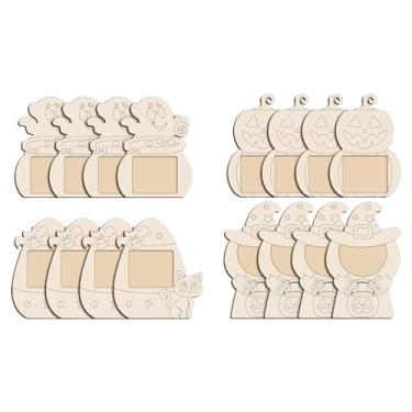 Imagem de UGPLM 16x Kit de artesanato com moldura de Halloween, enfeites, decoração de pintura infantil, moldura de madeira inacabada, desenho animado para o feriado