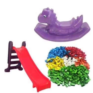Imagem de Kit baby infantil escorregador médio com 3 degraus + gangorrra dino su