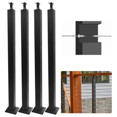 Imagem de Qrooviiy Poste de Corrimão de Cabo - 36" X 2" X 2" - 10 Furos de Nível Pré-Perfurados - Suporte Superior Curvo Ajustável de Aço Inoxidável Poste de Corrimão de Deck - Preto Acetinado - Pacote com 4…