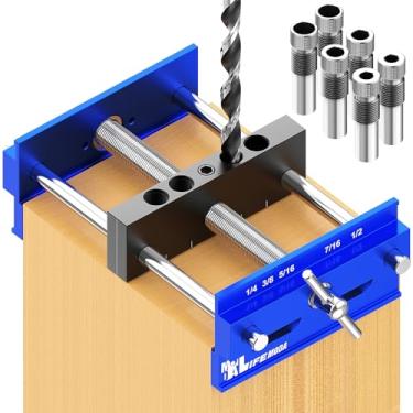 Imagem de LIFEMODA Kit de gabarito de cavilha autocentralizante atualizado de 17 cm, gabarito de broca para furos retos, conjunto de marceneiro de biscoito com 6 buchas de guia de broca, acessórios de