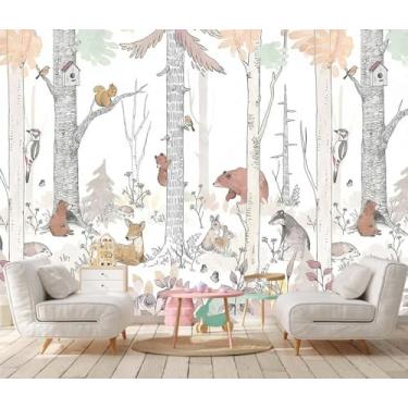 Imagem de Papel de parede em aquarela pintado à mão com estampa de floresta rural sem costura, murais de árvores naturais com folhas e animais