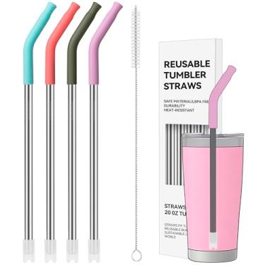 Imagem de Soledea 4 canudos de metal reutilizáveis, canudos de aço inoxidável com ponta de silicone para copo de 590 ml, canudo de substituição longo para YETI, STANLEY, US Acrylio, BJPKPK, Simple Modern e