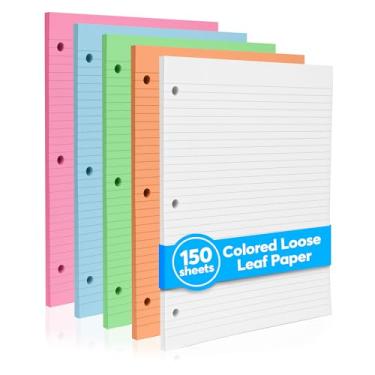 Imagem de Papel colorido para caderno – 21 x 28 cm, 150 folhas – Papel grosso de 80 g/m² pautado para faculdade colorido – Papel fichário perfurado com 3 furos para escola, escritório e diário (neon)