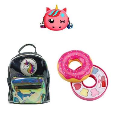 Imagem de Mochila Preta Unicórnio, Bolsa e Maquiagem Donuts Infantil - BD Net