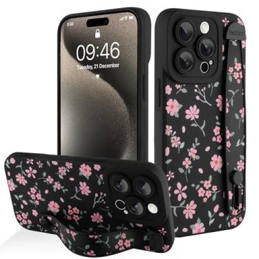 Imagem de AIGOMARA Capa para iPhone 15 Pro com alça para mulheres e meninas, linda estampa floral rosa, capa protetora de silicone com suporte de faixa macia, preta