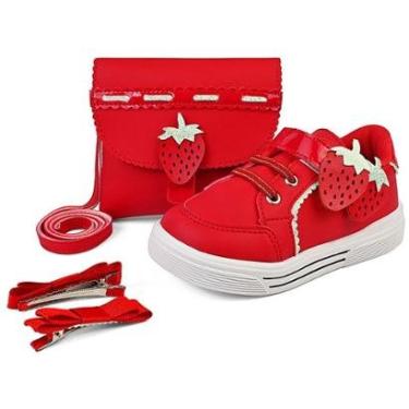 Imagem de Kit Tênis Esportivo Menina Vermelho Feminino Infantil Com Bolsa E Presilha Morango Conforto Mzkid-Feminino