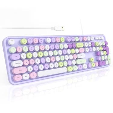 Imagem de SQMD Teclados de computador coloridos com fio, teclado de máquina de escrever de tamanho completo Plug and Play USB, lindo teclado estético com suportes dobráveis para Windows PC e laptop (roxo)