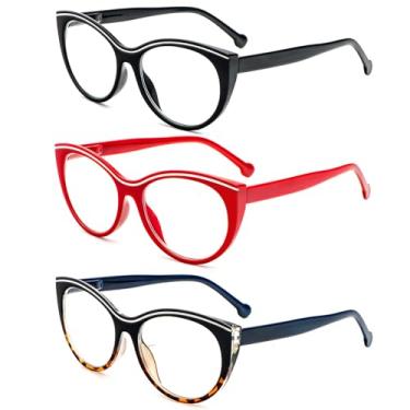 Imagem de MMOWW Óculos de leitura quadrados de grandes dimensões, modernos, com bloqueio de luz azul, para computador, para mulher, pacote de 3, Preto/vermelho/carey, 55mm