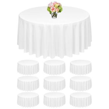 Imagem de Gtiametor Pacote com 10 toalhas de mesa brancas redondas de 224 cm, toalha de mesa circular de poliéster resistente a manchas e rugas, toalha de mesa redonda branca de tecido lavável para festa de