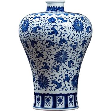 Imagem de LIFOND Vaso de flores vaso de cerâmica estilo chinês flor de ameixa pintada à mão vaso de flores de cerâmica áspera 30 cm grande azul e branco decoração vasos de flores vaso de flores decoração de