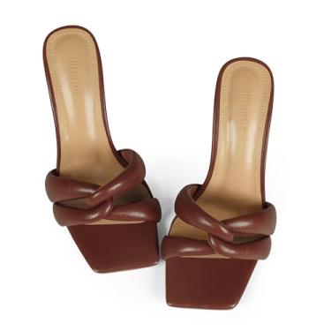 Imagem de iiimmu Salto Mule Heels 8,5 cm stiletto com bico quadrado sandálias de salto entrelaçadas em forma de tiras, Marrom - Couro sintético, 36
