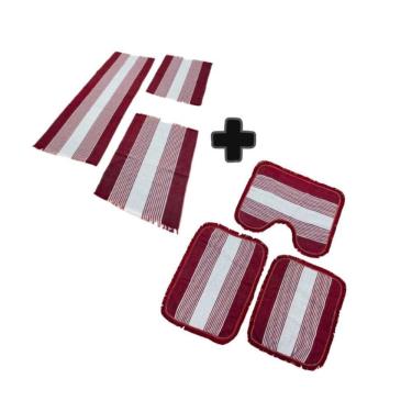 Imagem de 02 Kit De Jogo Decorativo Tapete De Cozinha E Banheiro Passadeira 3 Peças Liso Kit Vinho