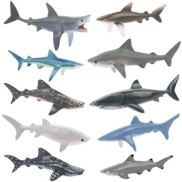 Imagem de UHOMENY 10 peças de bonecos de tubarão em miniatura ornamentos marinhos realistas figuras de animais topo de bolo 10 estilos com grande megalodonte de tubarão branco para escola, escritório, sala de