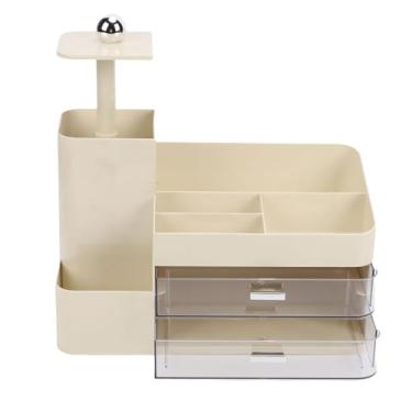 Imagem de Asixxsix Organizador de Maquiagem, Armazenamento de Cosméticos Com Vários Compartimentos e 2 Gavetas Transparentes, Suporte de Beleza para Cuidados Com a Pele Cosméticos, Bancada (Creme Branco)