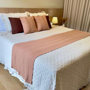 Imagem de Kit peseira manta trico cama casal queen king para sofá com 2 almofadas decorativa cama posta (Bege, Queen)
