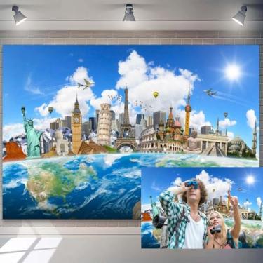 Imagem de 2,4 x 1,8 m Globo Viagem Mapa-múndi pano de fundo ao redor do mundo para fotografia cenário de marco famoso em todo o mundo papel de parede para decoração de quarto Newyork Paris Torre Eiffel cenário