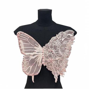 Imagem de Apliques de bordado de borboleta grande da moda para roupas, remendos de renda, gola de malha, acessórios de tecido para vestido de casamento, dama de honra, decoração DIY (rosa)