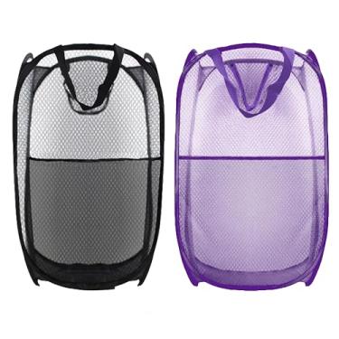 Imagem de Buyongwant Cesto de roupa suja dobrável pop-up, saco de cesta dobrável de malha extragrande, 71 x 40 x 40 cm, pacote com 2 (preto + roxo)
