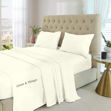 Imagem de Jogo de cama Eastern King Size algodão egípcio 800 fios - Conjunto de lençóis de cama 4 peças para bolso profundo de até 20 a 30 cm, lençóis de cetim macios sedosos - cor marfim sólido